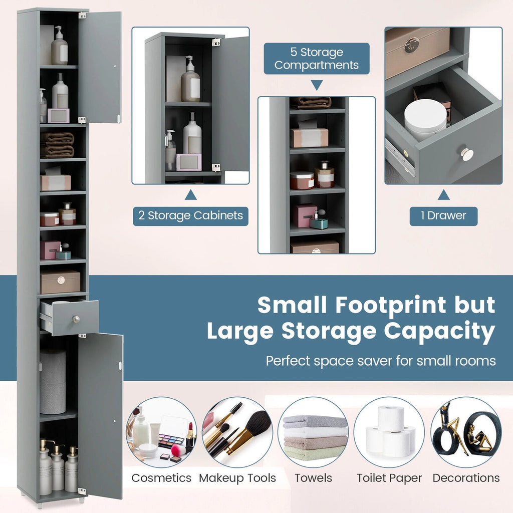 Tall Slim Bathroom Storage Cabinet – Linen Tower with Drawer & Adjustable Shelves, Gray