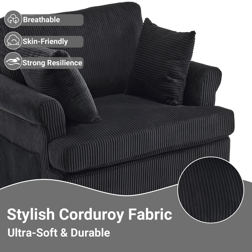 360° Swivel Accent Chair – Corduroy with Armrest Pockets, Black