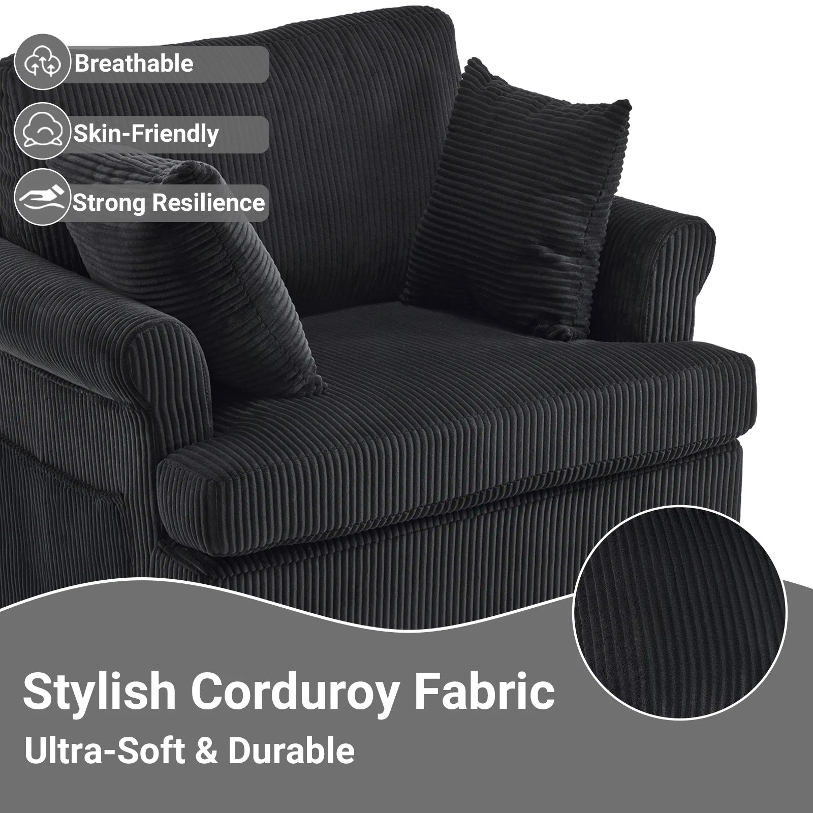 360° Swivel Accent Chair – Corduroy with Armrest Pockets, Black