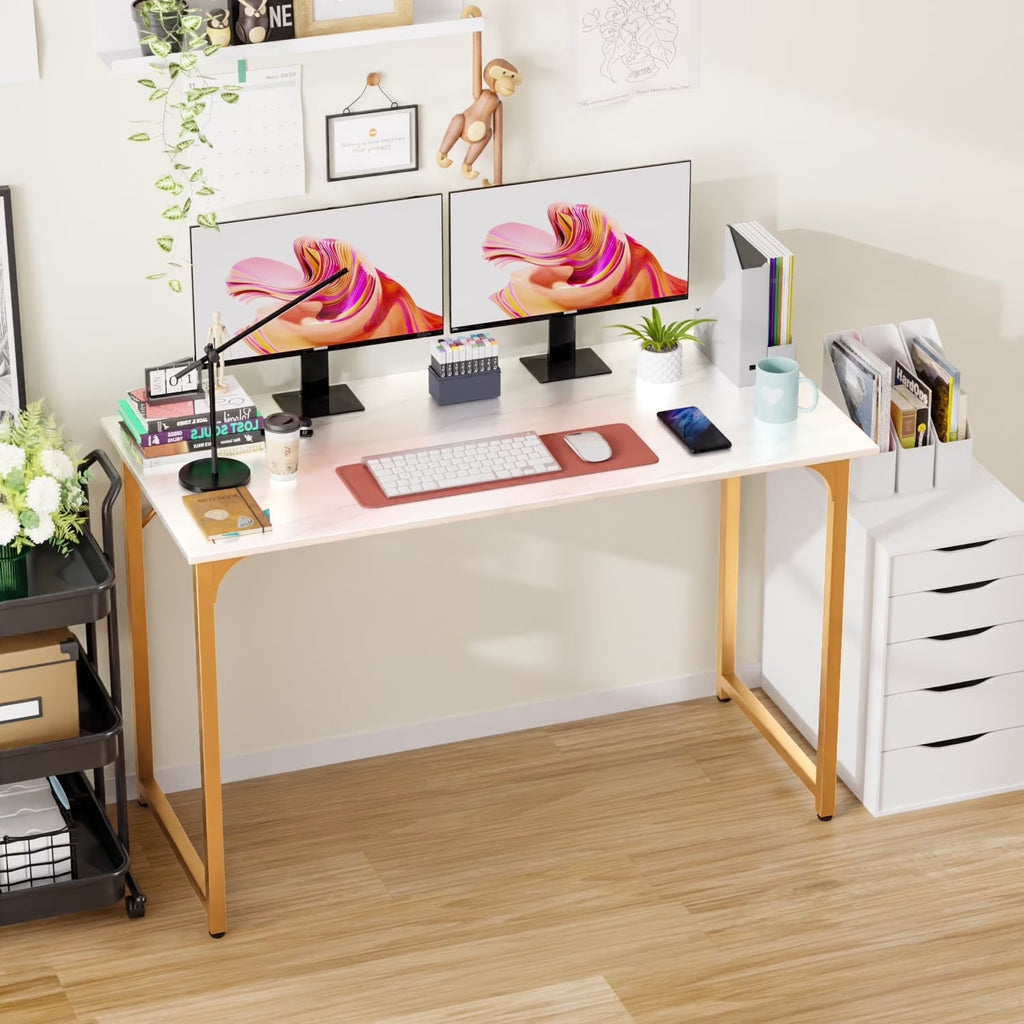 48" Computer Desk | Wood Top & Gold Metal Frame | Home Office & Gaming