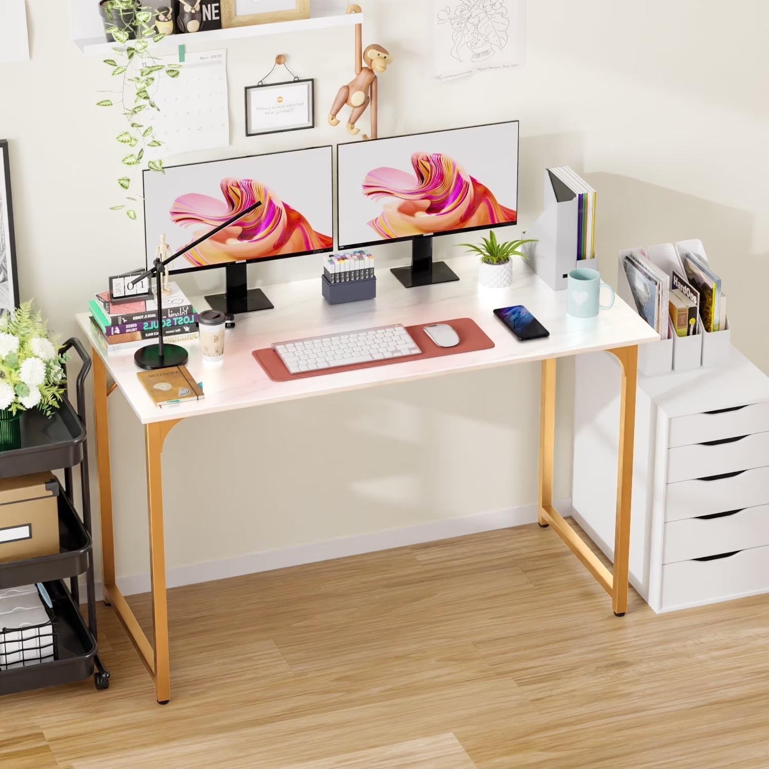 48" Computer Desk | Wood Top & Gold Metal Frame | Home Office & Gaming