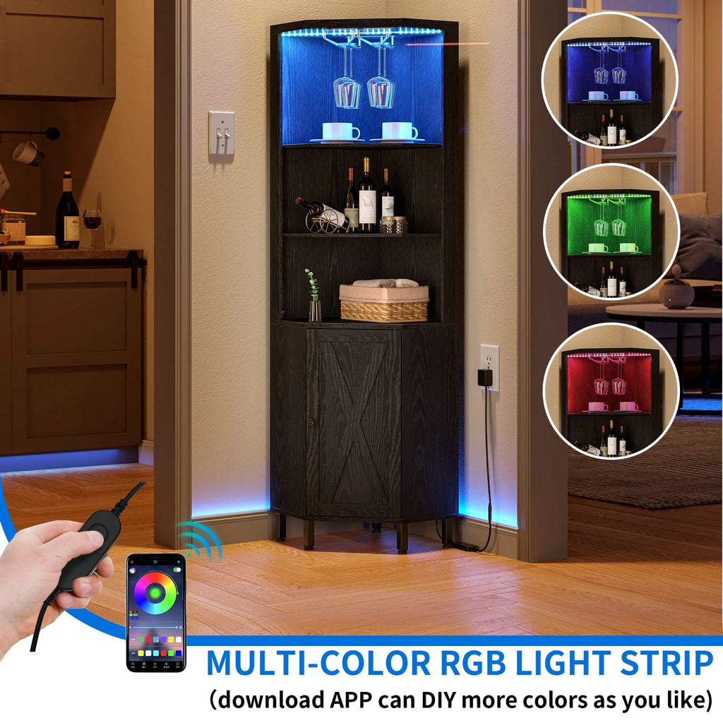 67" Corner Bar Cabinet with RGB LED Lights | Wine Glass Holder & Storage Shelves | Black