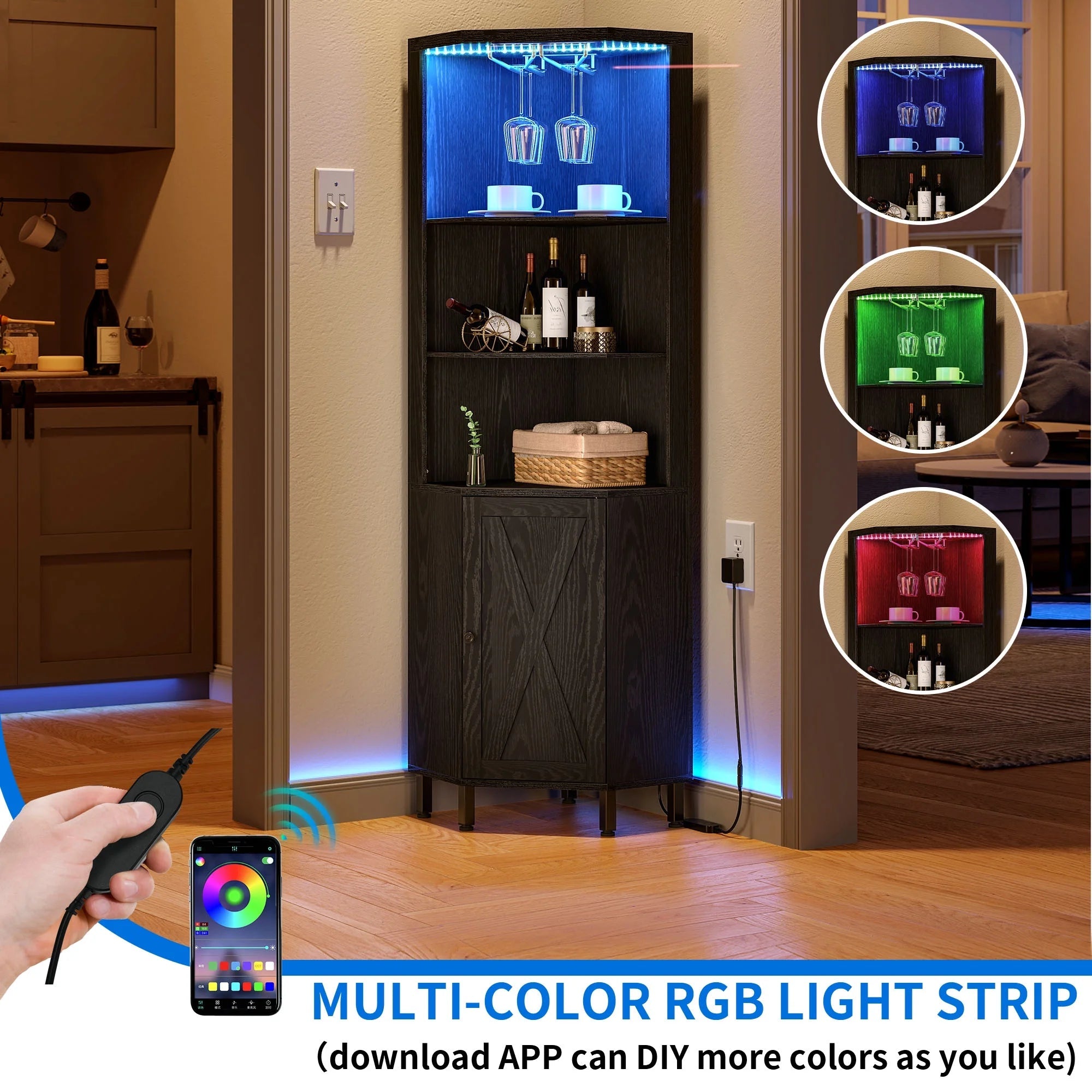 67" Corner Bar Cabinet with RGB LED Lights | Wine Glass Holder & Storage Shelves | Black