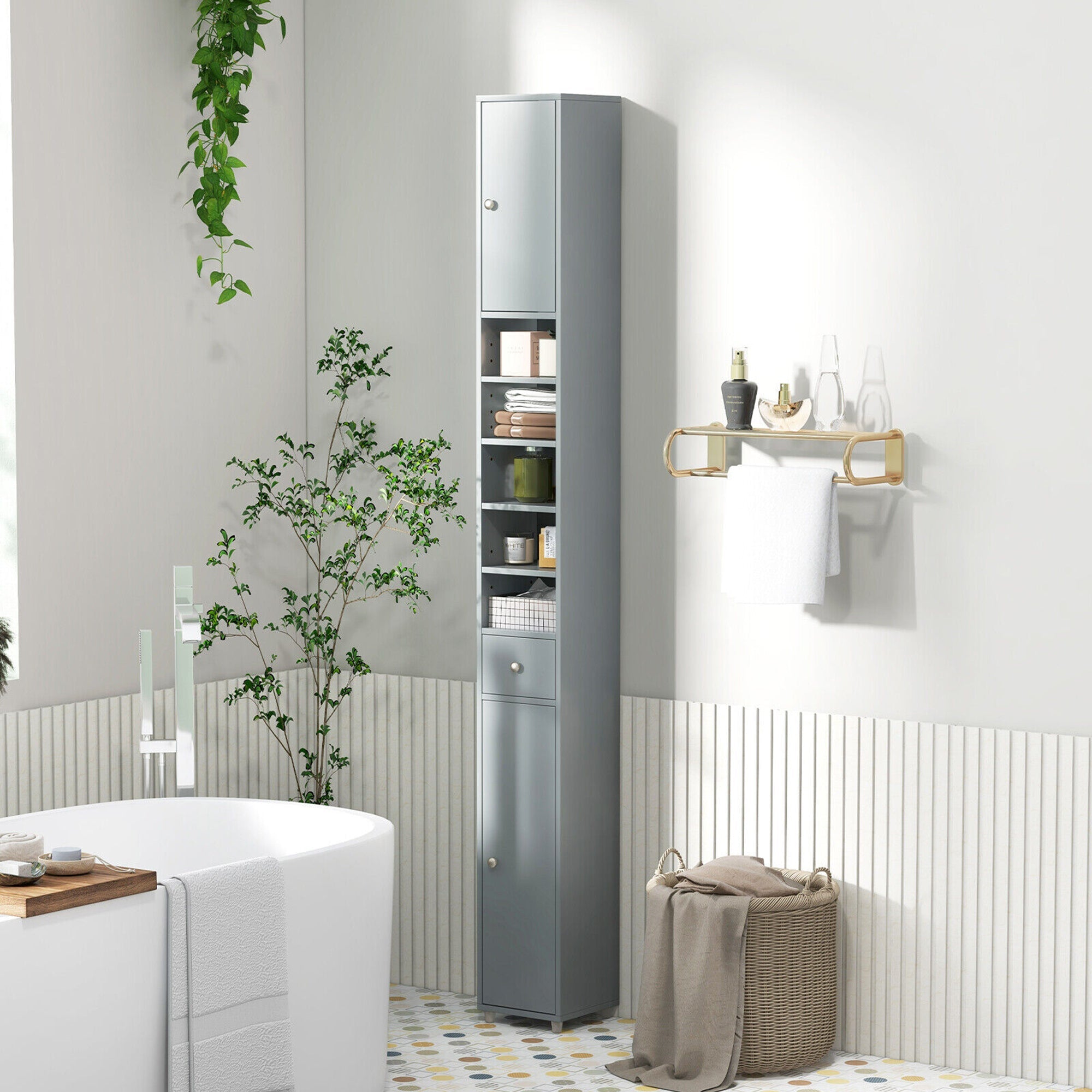 Tall Slim Bathroom Storage Cabinet – Linen Tower with Drawer & Adjustable Shelves, Gray