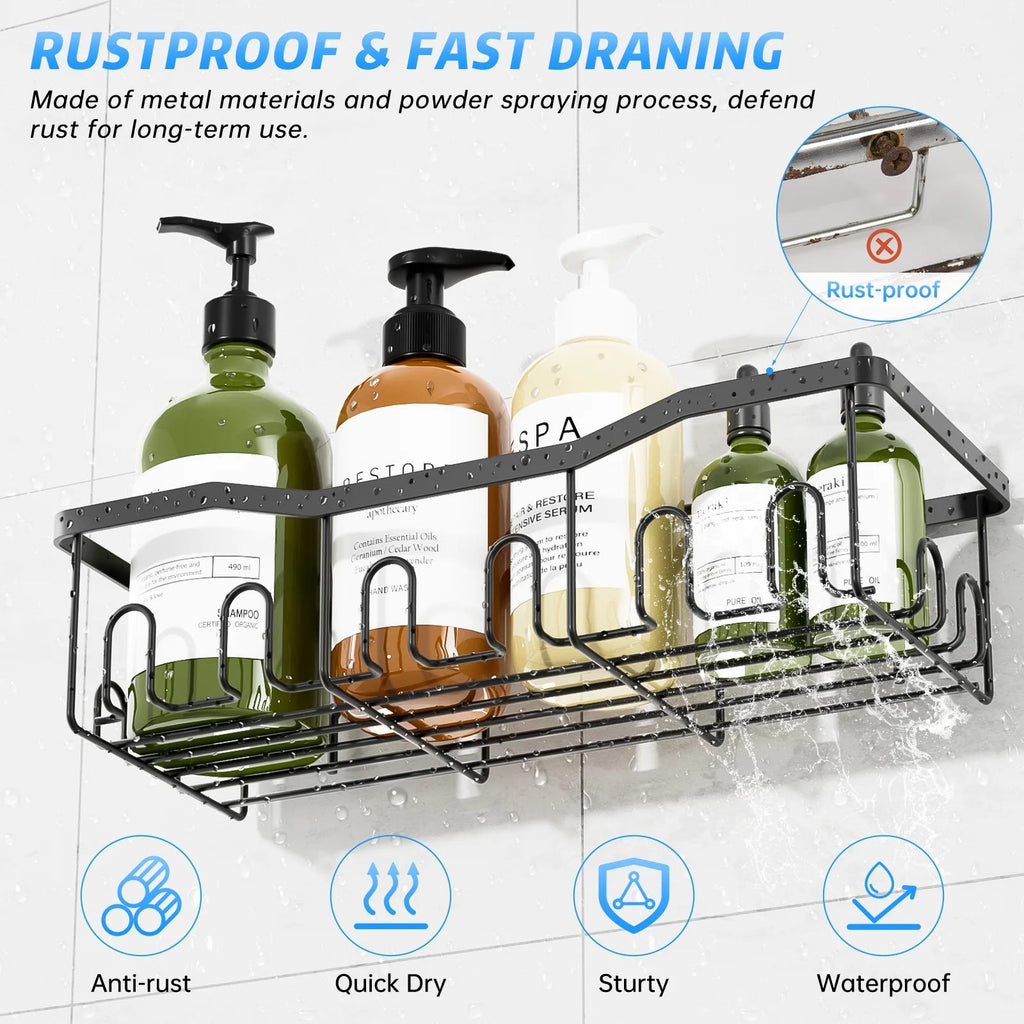 “Stainless Steel Shower Organizer – 5 Shelves, 28 Hooks, Soap & Toothbrush Holders”