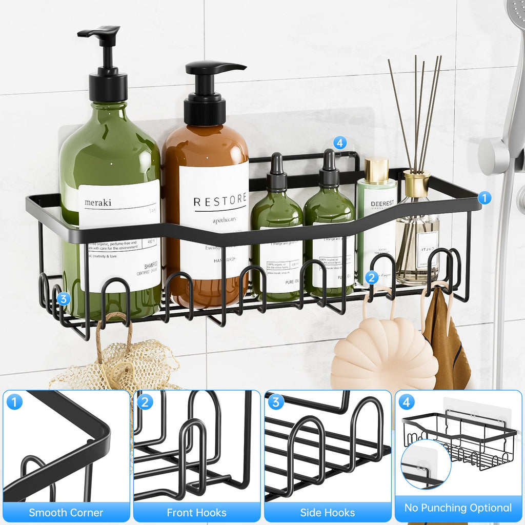 “Stainless Steel Shower Organizer – 5 Shelves, 28 Hooks, Soap & Toothbrush Holders”