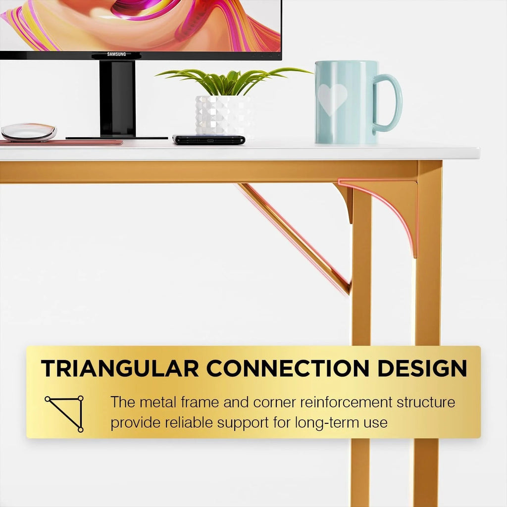 48" Computer Desk | Wood Top & Gold Metal Frame | Home Office & Gaming