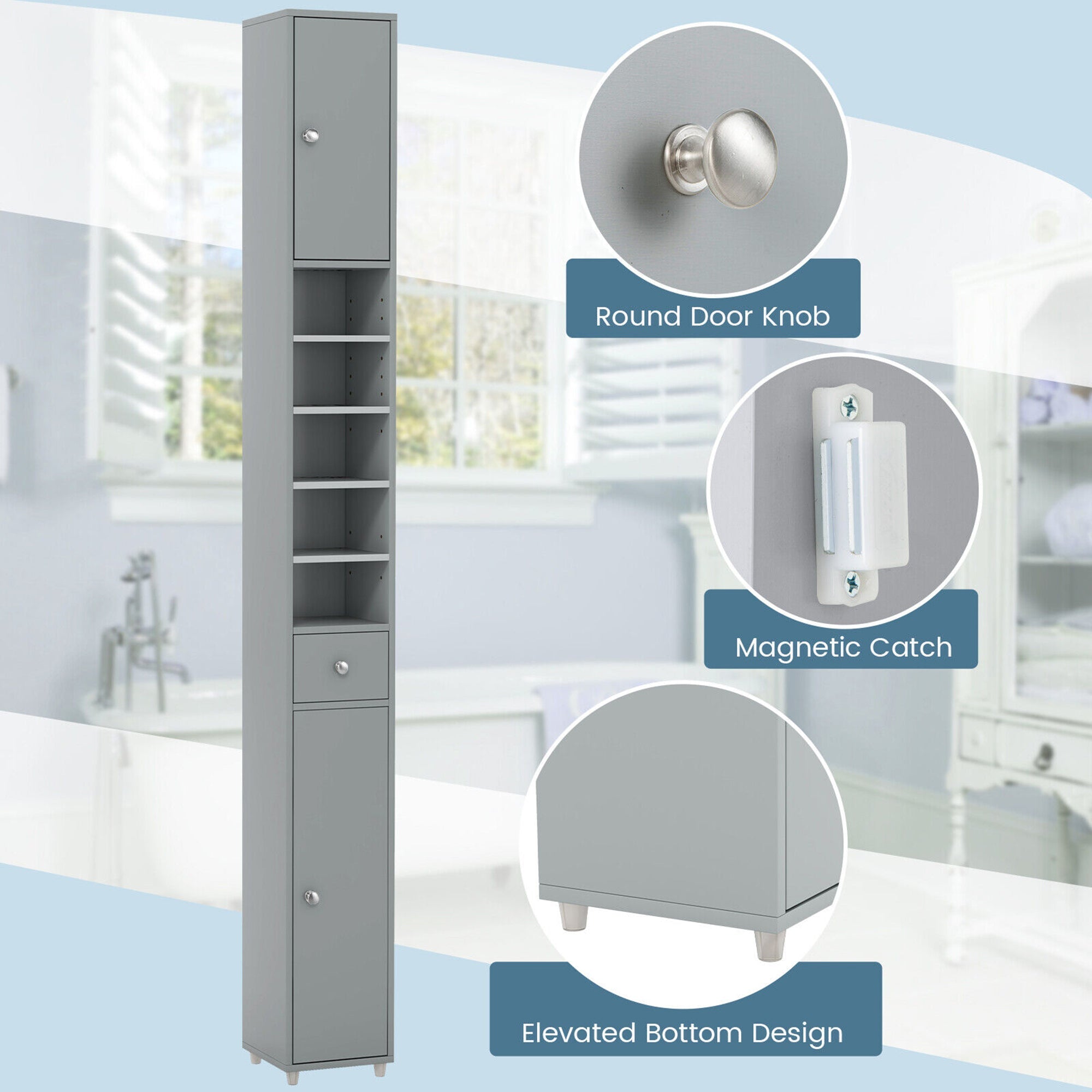 Tall Slim Bathroom Storage Cabinet – Linen Tower with Drawer & Adjustable Shelves, Gray