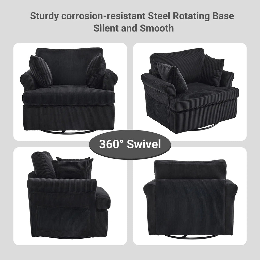 360° Swivel Accent Chair – Corduroy with Armrest Pockets, Black