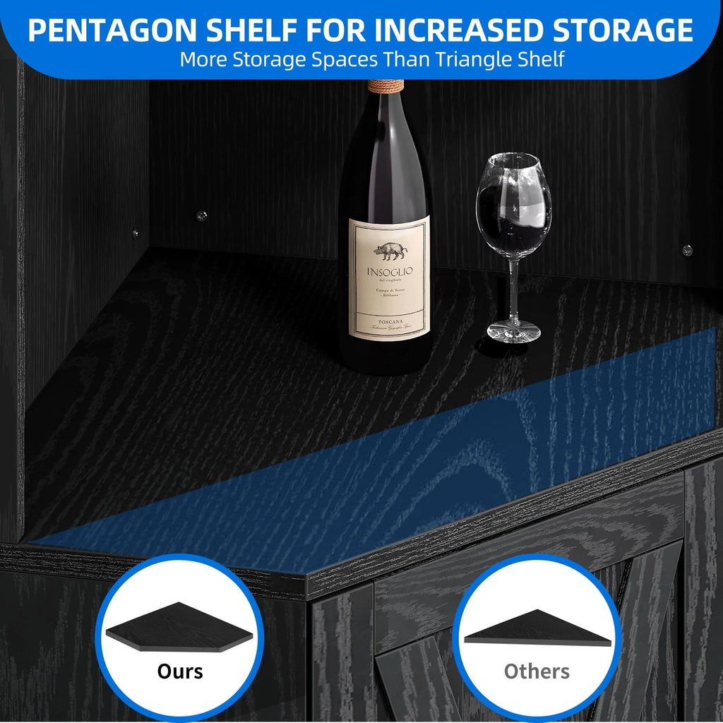 67" Corner Bar Cabinet with RGB LED Lights | Wine Glass Holder & Storage Shelves | Black
