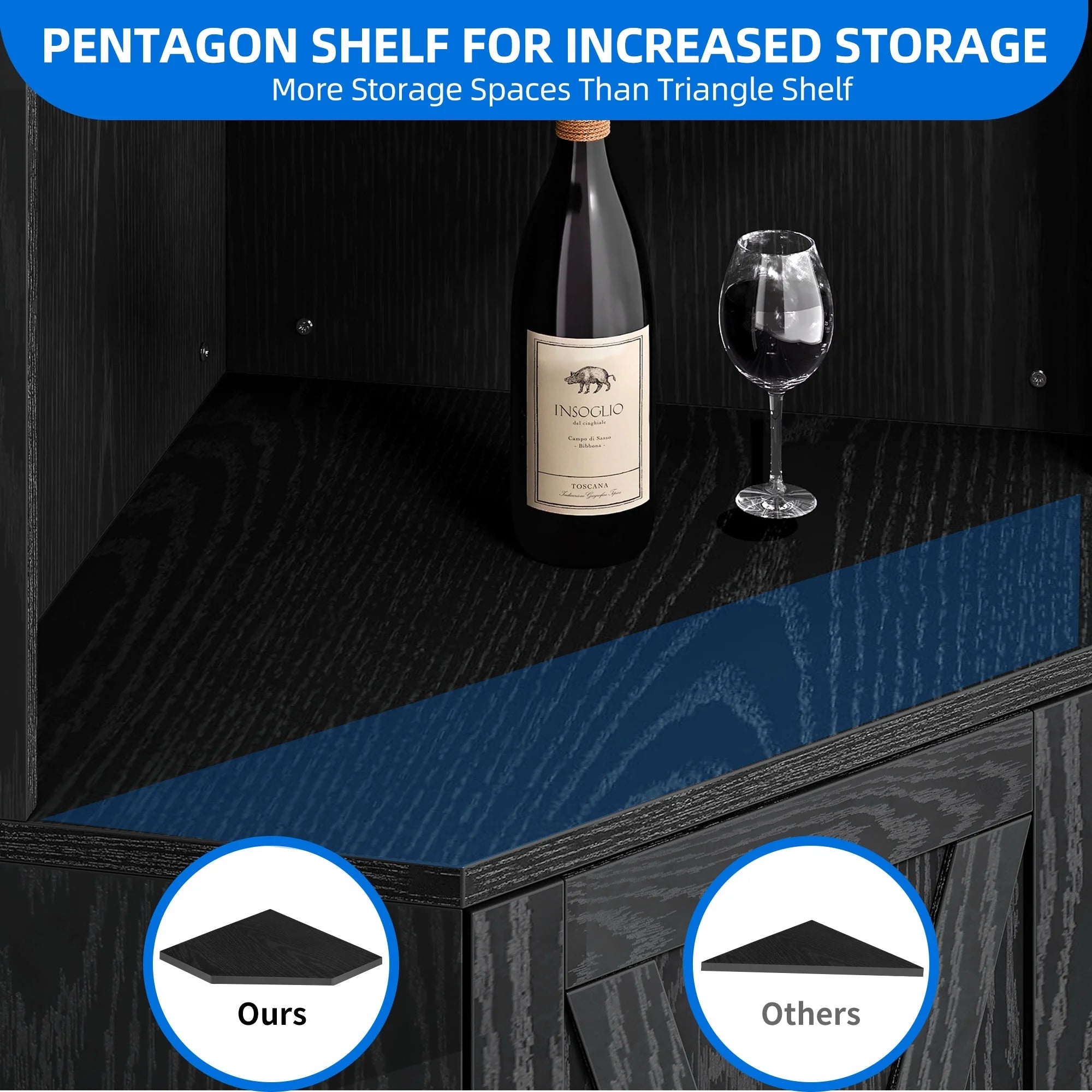 67" Corner Bar Cabinet with RGB LED Lights | Wine Glass Holder & Storage Shelves | Black