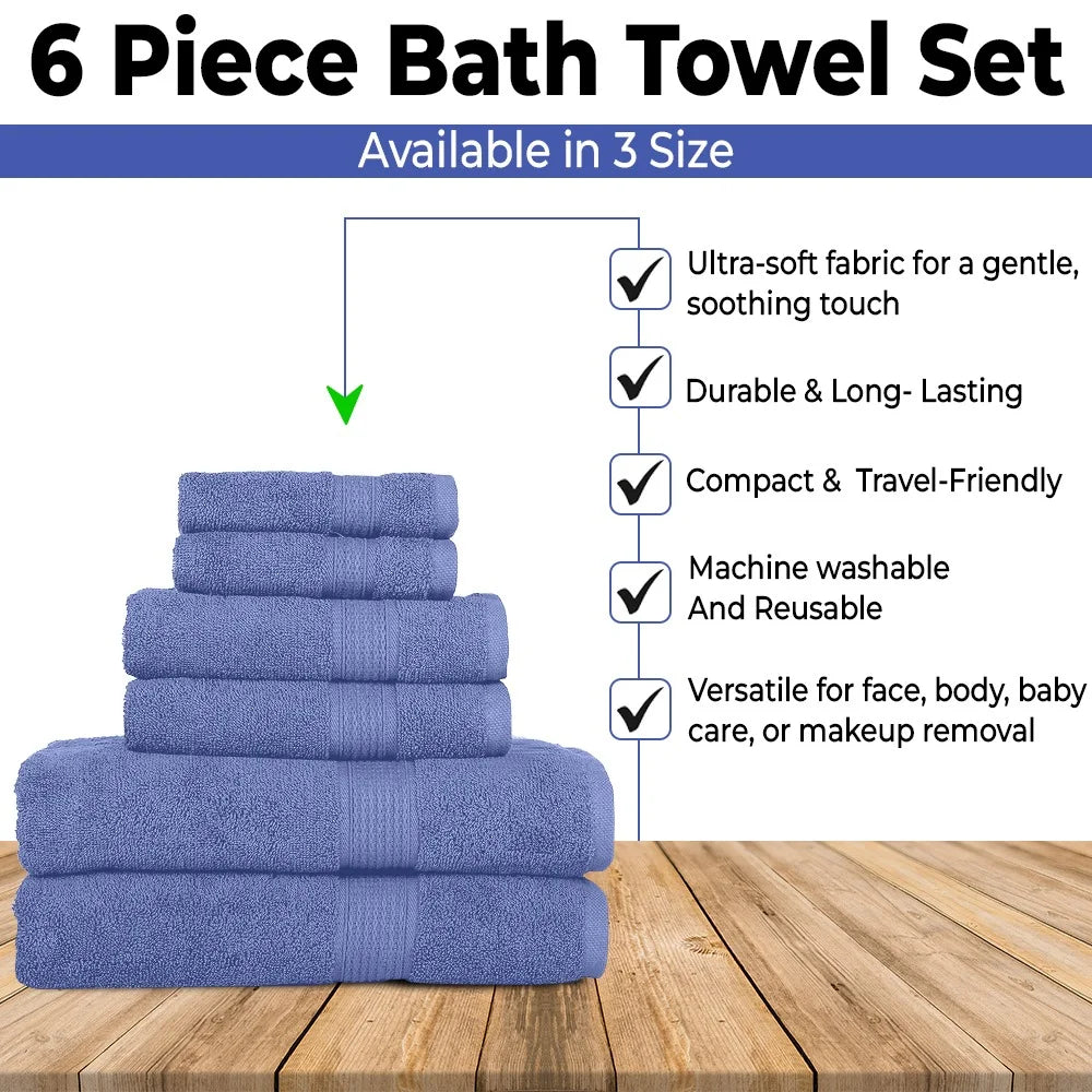 6-Piece Blue Towel Set - 100% Ringspun Cotton, Soft and Highly Absorbent - Includes 2 Bath Towels, 2 Hand Towels, and 2 Washcloths - Quick Dry, Durable, and Luxurious Bathroom Essentials