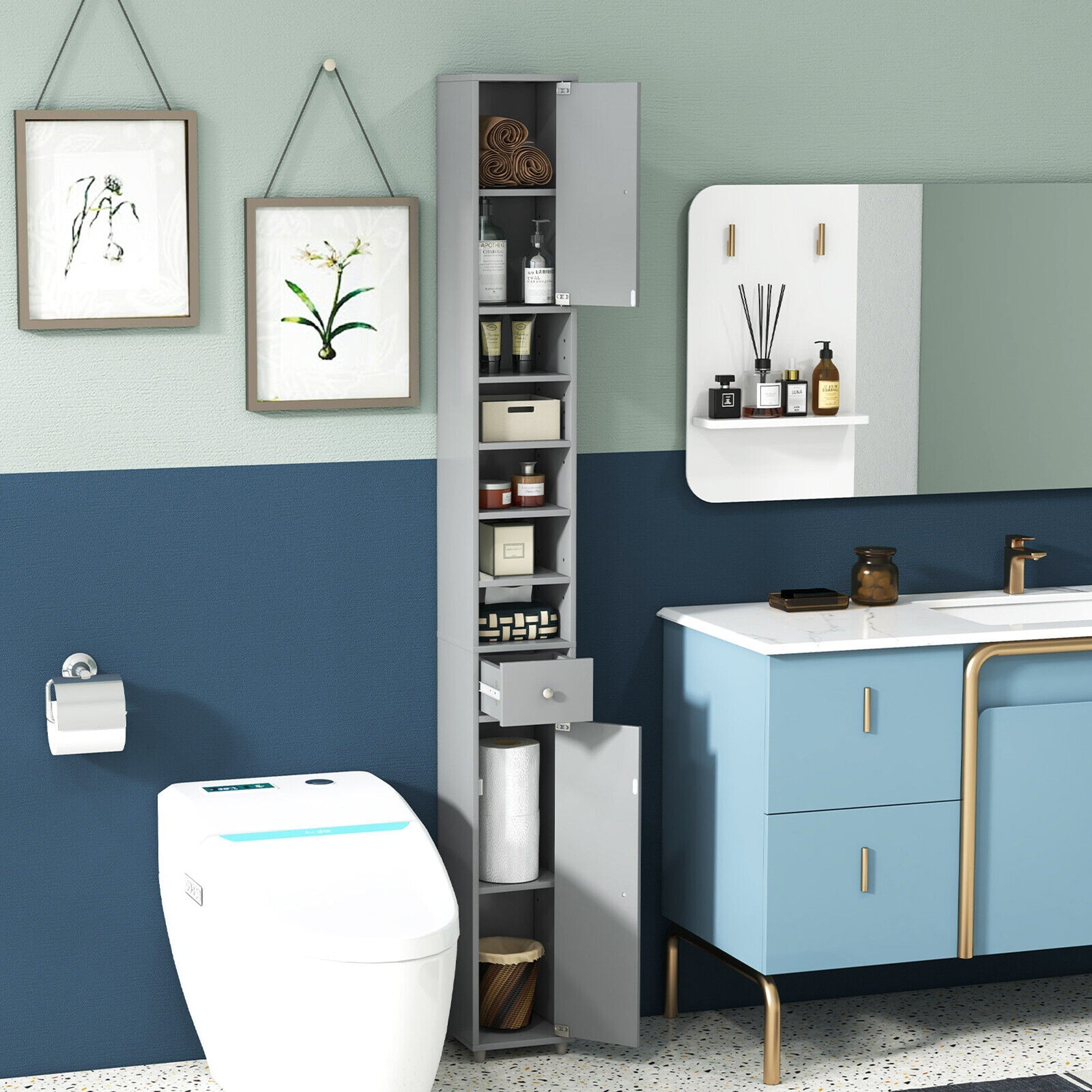 Tall Slim Bathroom Storage Cabinet – Linen Tower with Drawer & Adjustable Shelves, Gray