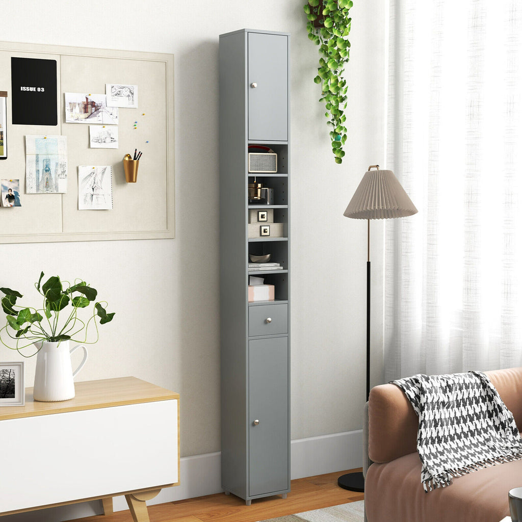 Tall Slim Bathroom Storage Cabinet – Linen Tower with Drawer & Adjustable Shelves, Gray