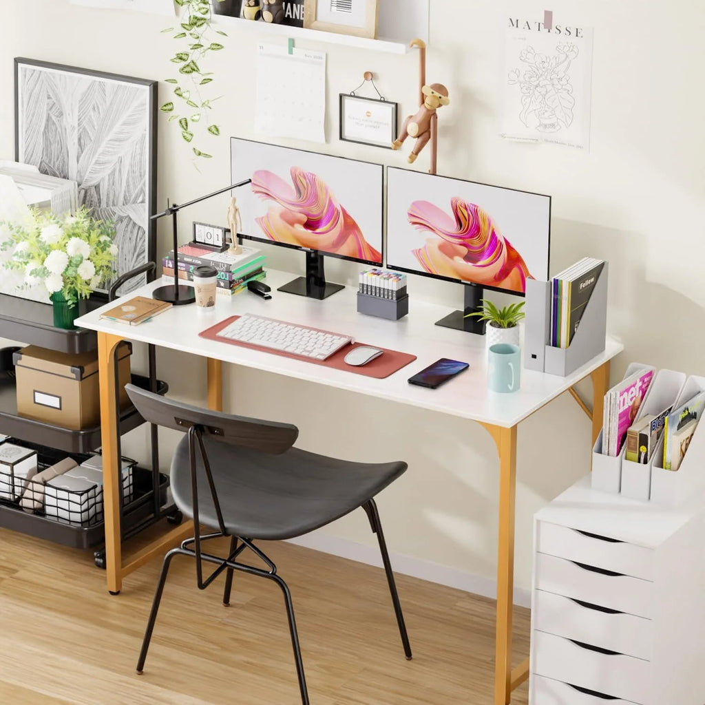 48" Computer Desk | Wood Top & Gold Metal Frame | Home Office & Gaming