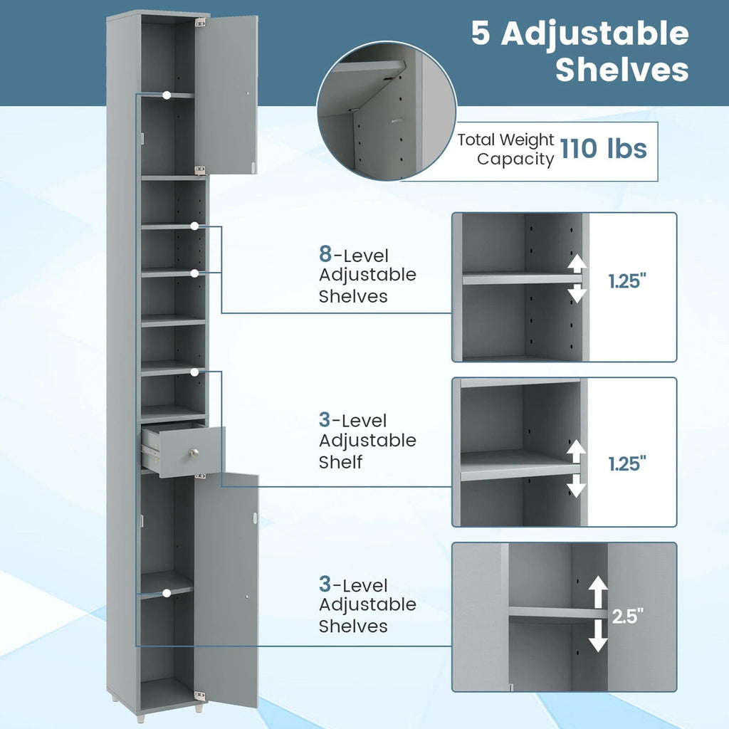 Tall Slim Bathroom Storage Cabinet – Linen Tower with Drawer & Adjustable Shelves, Gray