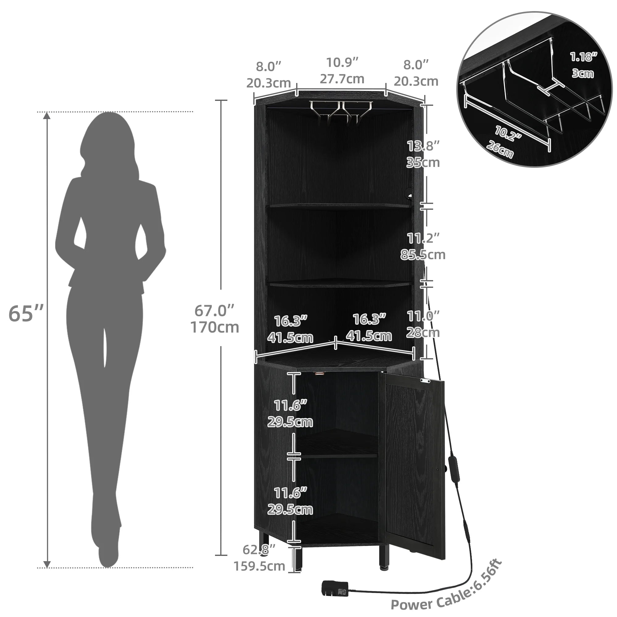 67" Corner Bar Cabinet with RGB LED Lights | Wine Glass Holder & Storage Shelves | Black