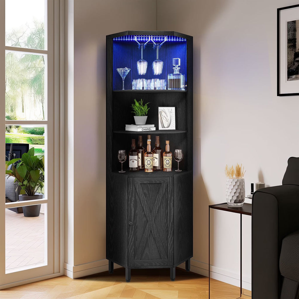 67" Corner Bar Cabinet with RGB LED Lights | Wine Glass Holder & Storage Shelves | Black