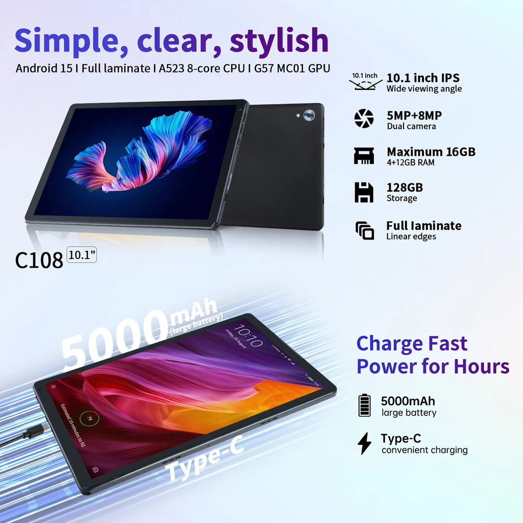 10 Inch Tablet Android 14 16GB RAM 128GB ROM 1TB Expand Octa-Core Wide vine L1 With Stylus Keyboard Mouse for Work.
