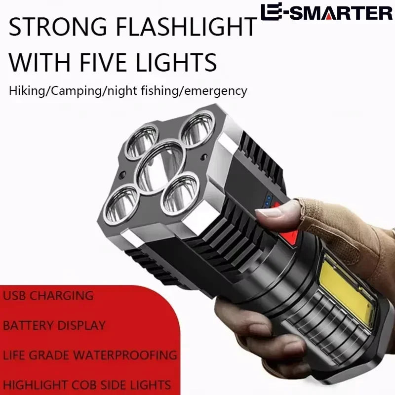 5LED High Power Rechargeable Camping Flashlight with Side Light - 3 Lighting Modes for Outdoor Adventures