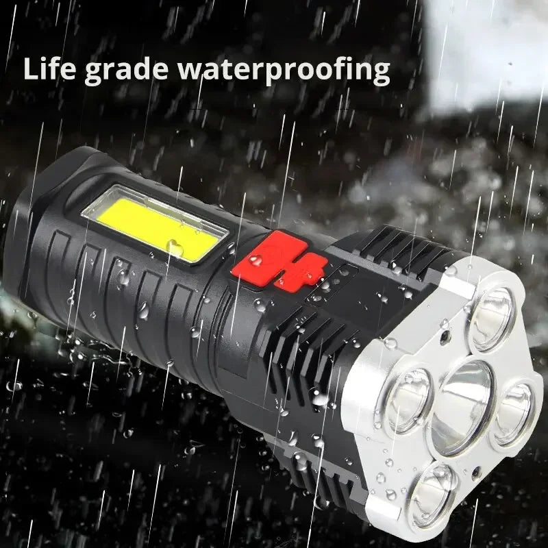 5LED High Power Rechargeable Camping Flashlight with Side Light - 3 Lighting Modes for Outdoor Adventures