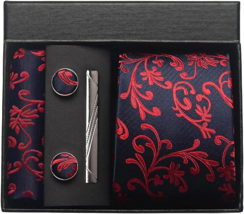 100% Silk Necktie Paisley Floral Men Business Tie, Pocket Square ,Tie Clip ,Cufflinks Set  Gift Box.