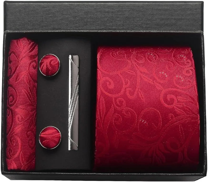 100% Silk Necktie Paisley Floral Men Business Tie, Pocket Square ,Tie Clip ,Cufflinks Set  Gift Box.