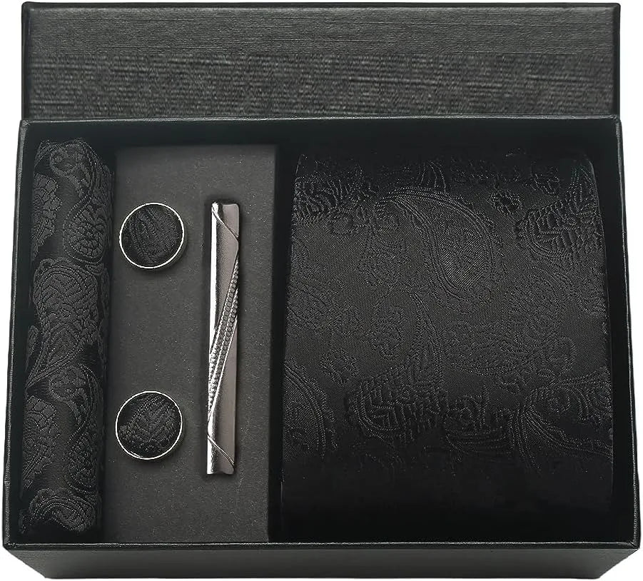 100% Silk Necktie Paisley Floral Men Business Tie, Pocket Square ,Tie Clip ,Cufflinks Set  Gift Box.
