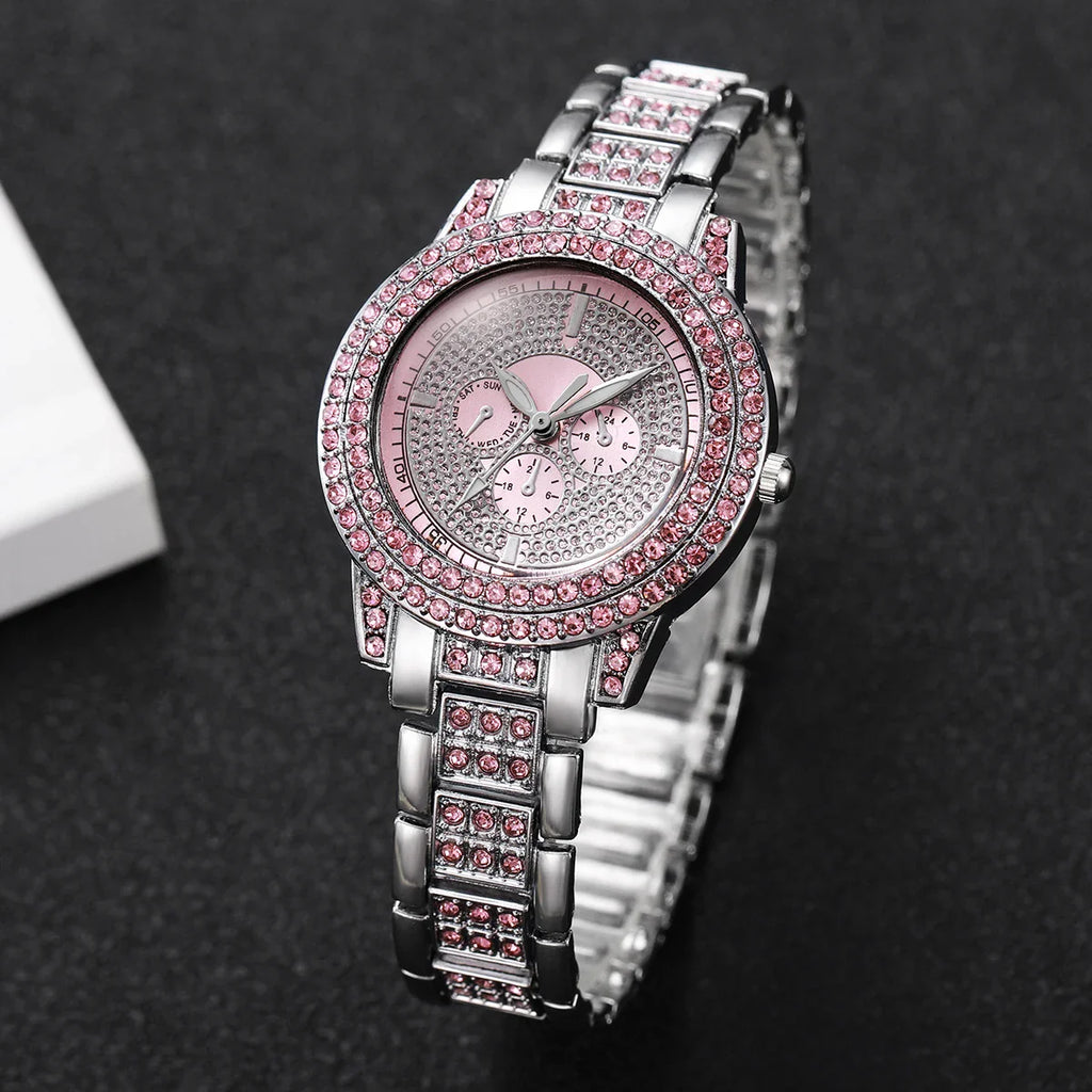 1/3PCS Luxury Rhinestone Women Watch, Diamond Jewelry Set, Elegant Steel Ladies Quartz Wristwatch.