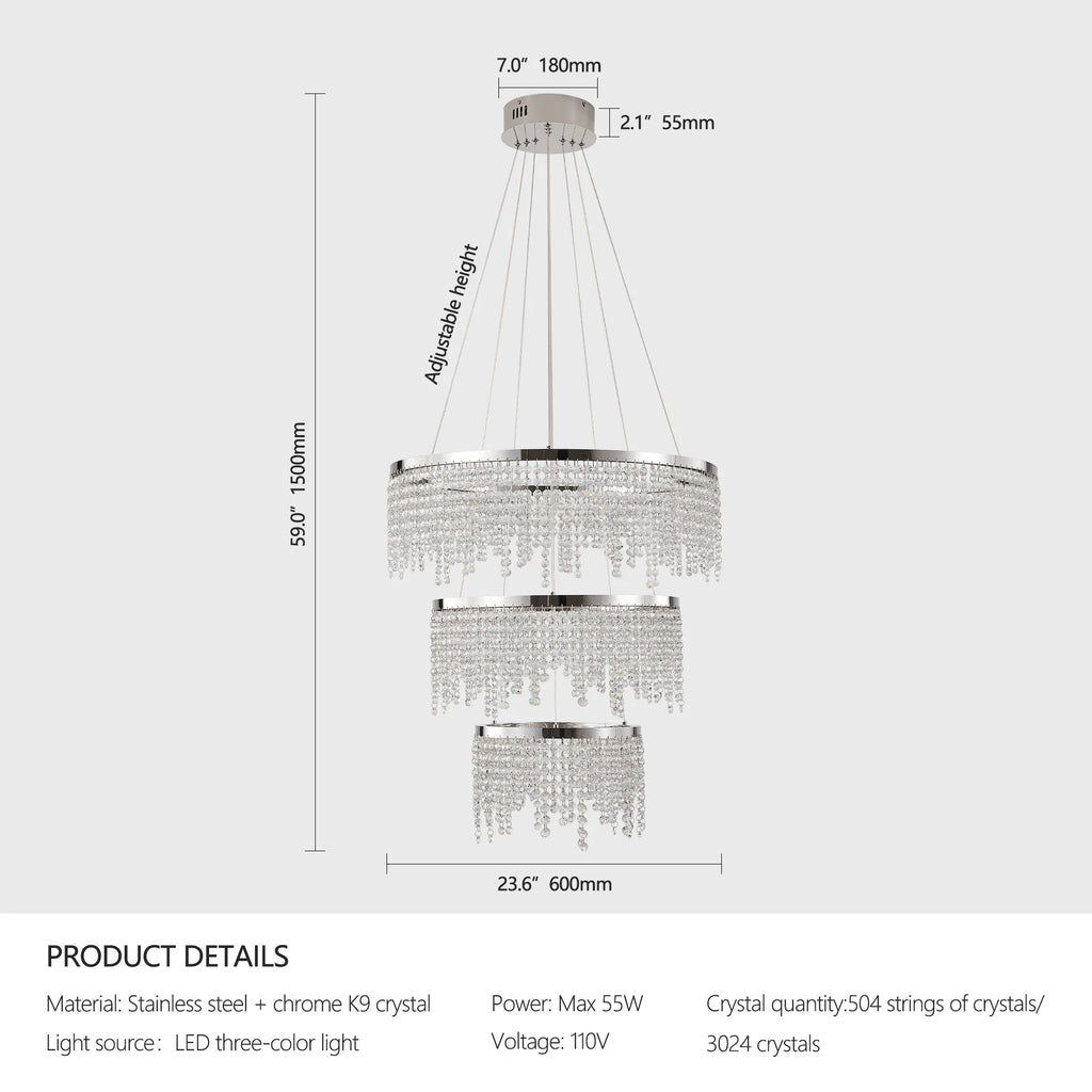 23.6-inch Crystal Chandelier, Dimmable Led Ceiling Lamp, Adjustable Color Temperature 3000K/4000K/6000K, Height Adjustable, Luxury Round Chandelier, Suitable for Living Room, Dining Room, Bedroom.
