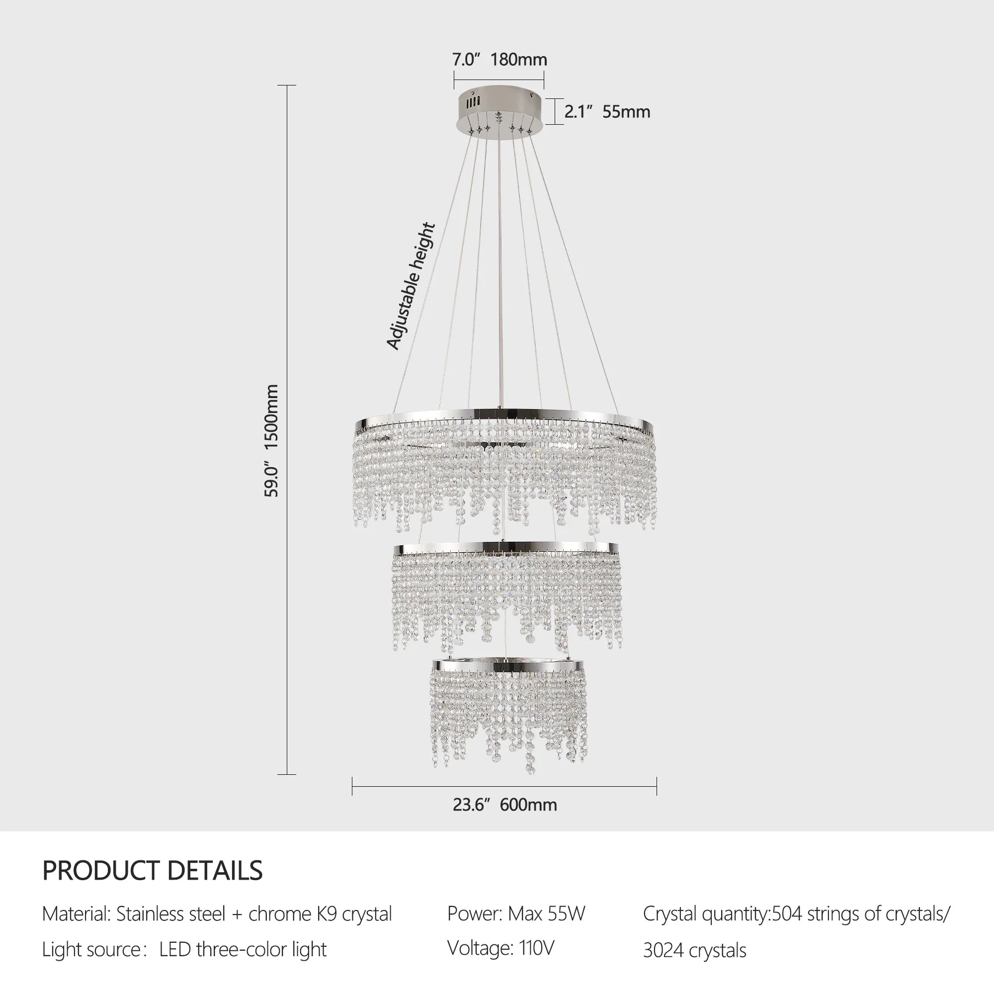 23.6-inch Crystal Chandelier, Dimmable Led Ceiling Lamp, Adjustable Color Temperature 3000K/4000K/6000K, Height Adjustable, Luxury Round Chandelier, Suitable for Living Room, Dining Room, Bedroom.