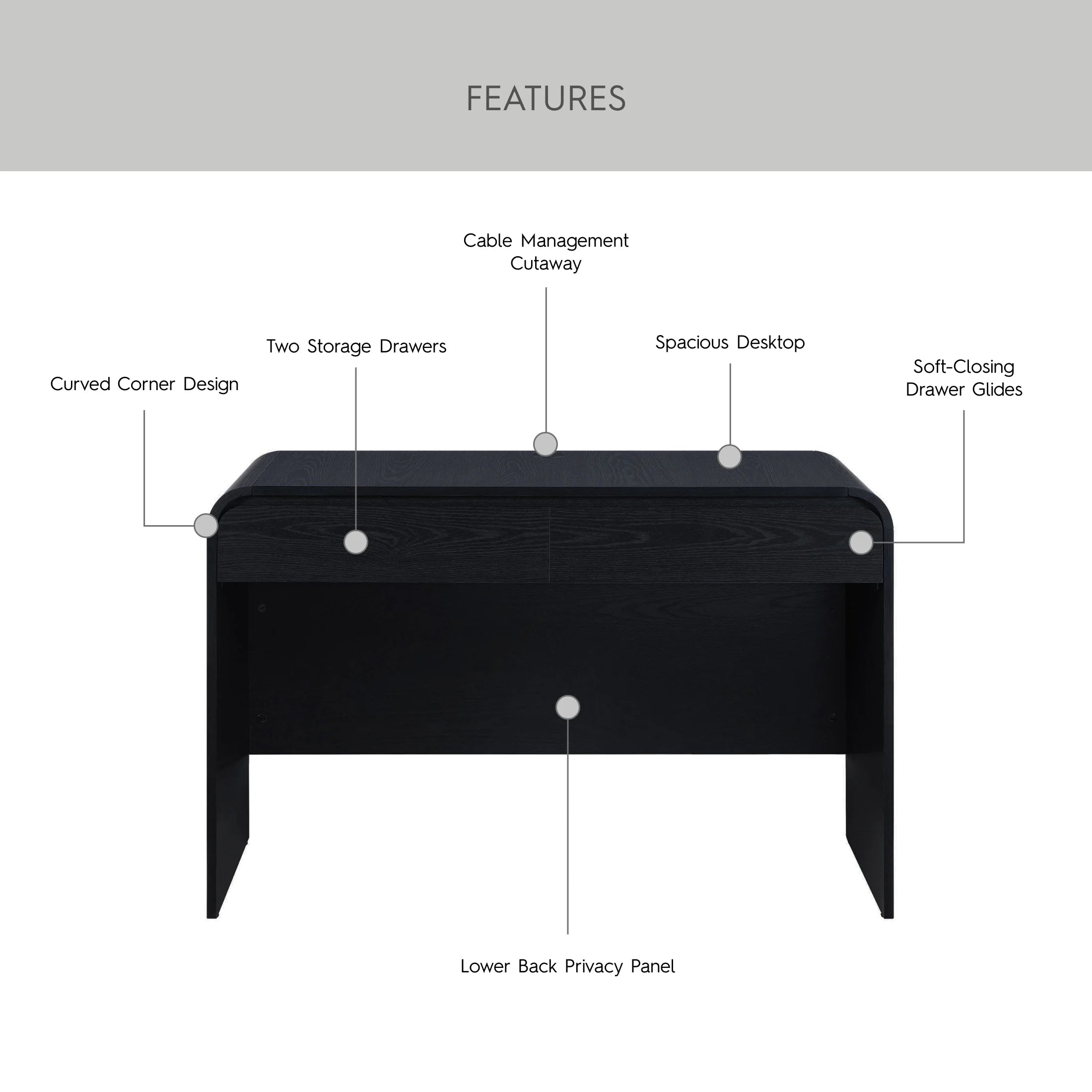 Juliet Curved Desk with Storage – Black Finish