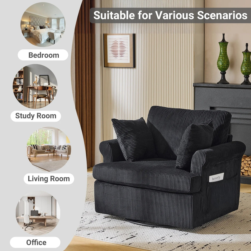 360° Swivel Accent Chair – Corduroy with Armrest Pockets, Black