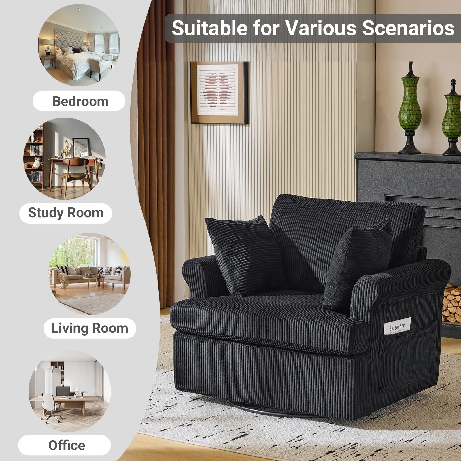 360° Swivel Accent Chair – Corduroy with Armrest Pockets, Black