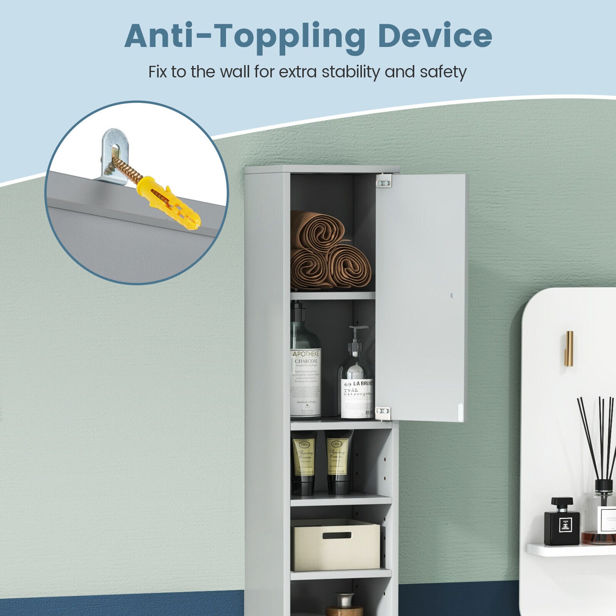 Tall Slim Bathroom Storage Cabinet – Linen Tower with Drawer & Adjustable Shelves, Gray