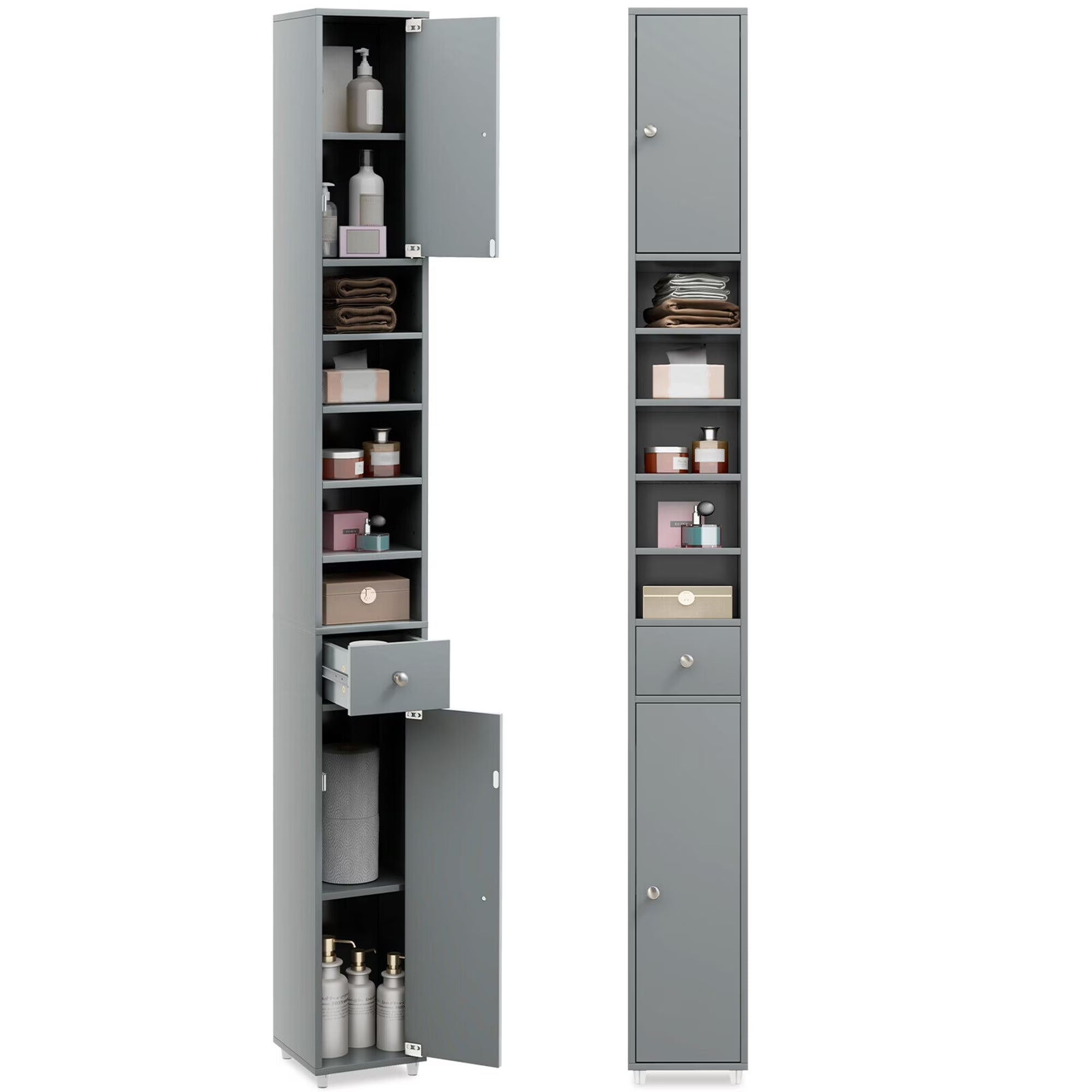 Tall Slim Bathroom Storage Cabinet – Linen Tower with Drawer & Adjustable Shelves, Gray