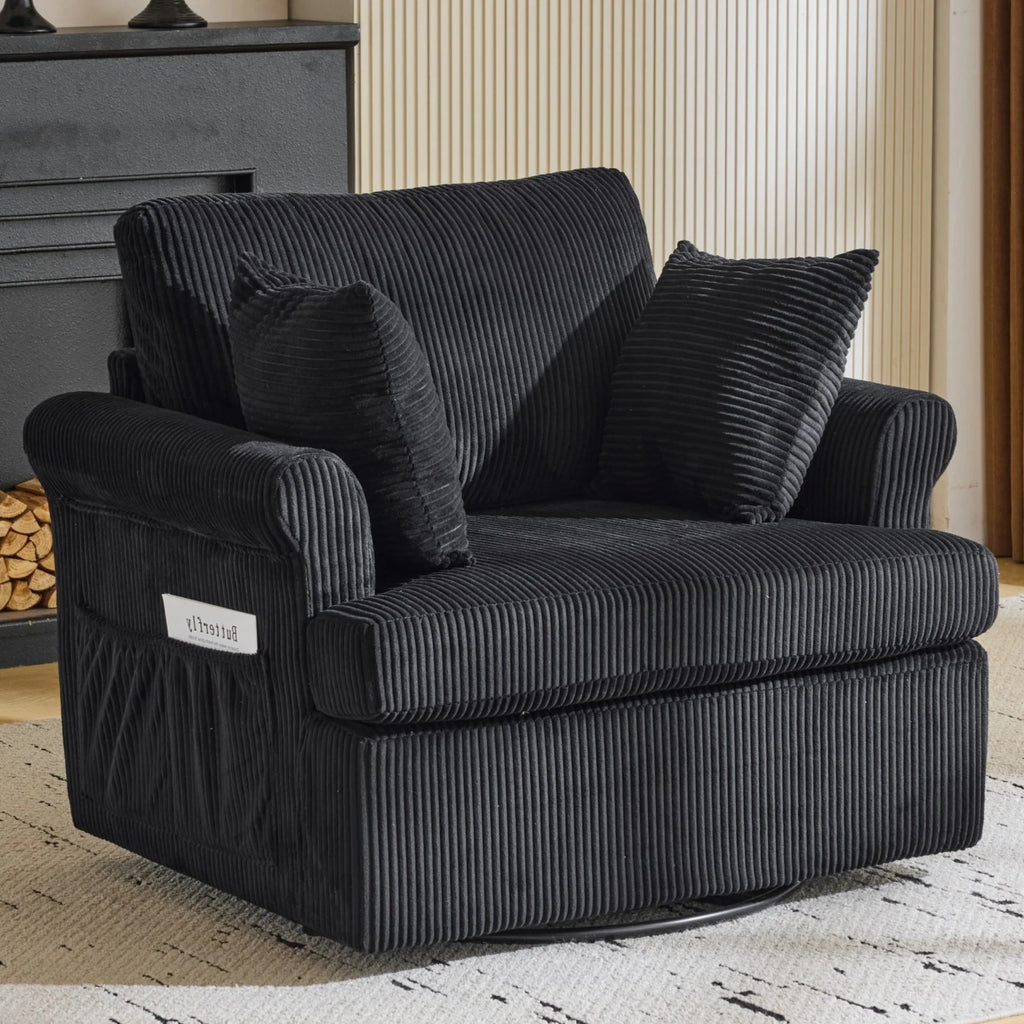 360° Swivel Accent Chair – Corduroy with Armrest Pockets, Black