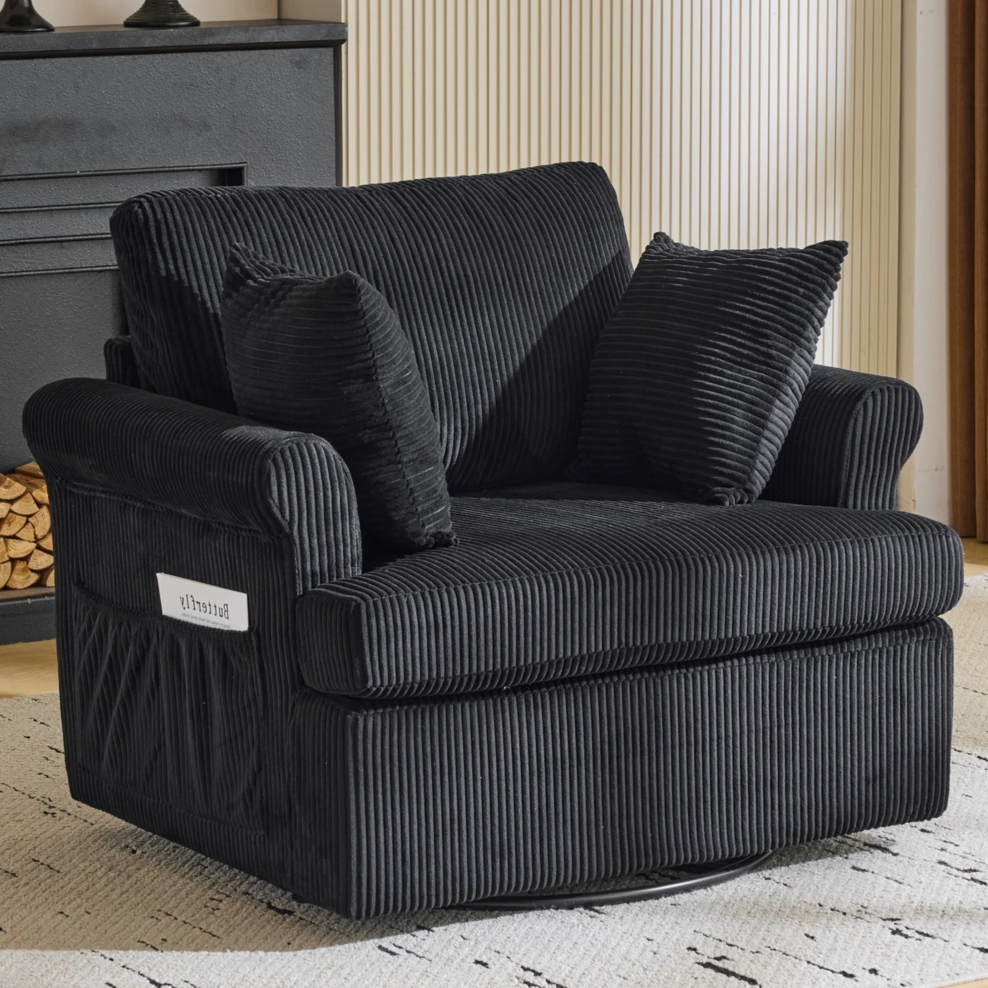 360° Swivel Accent Chair – Corduroy with Armrest Pockets, Black