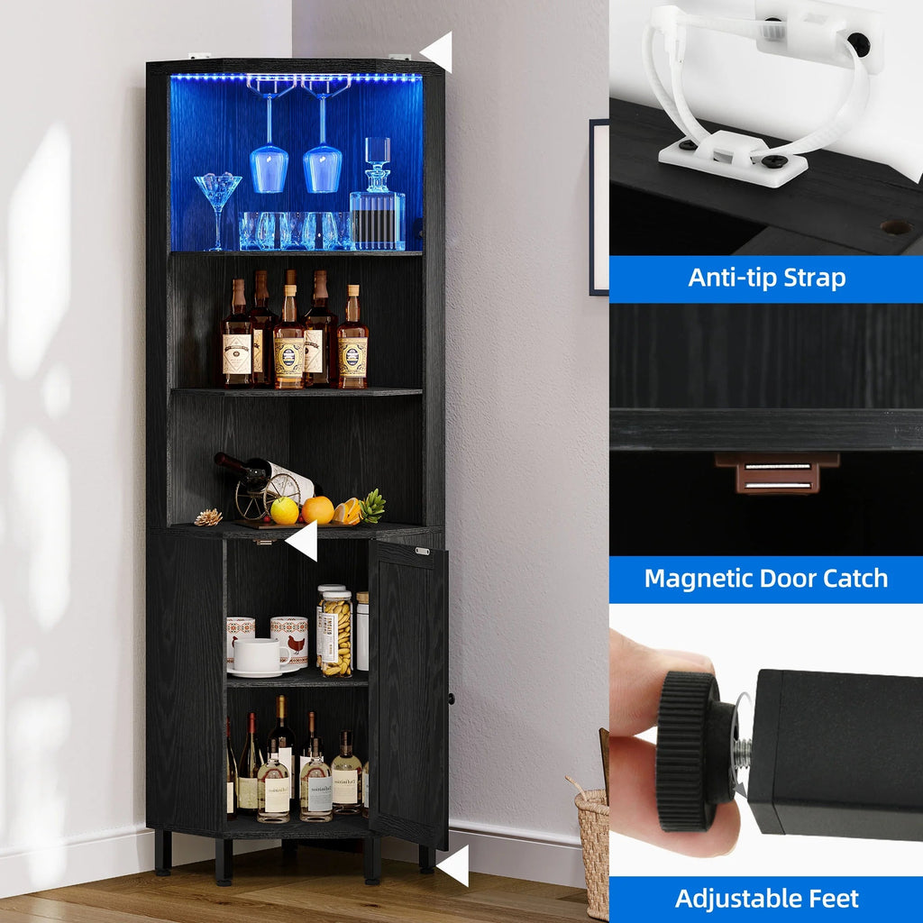 67" Corner Bar Cabinet with RGB LED Lights | Wine Glass Holder & Storage Shelves | Black