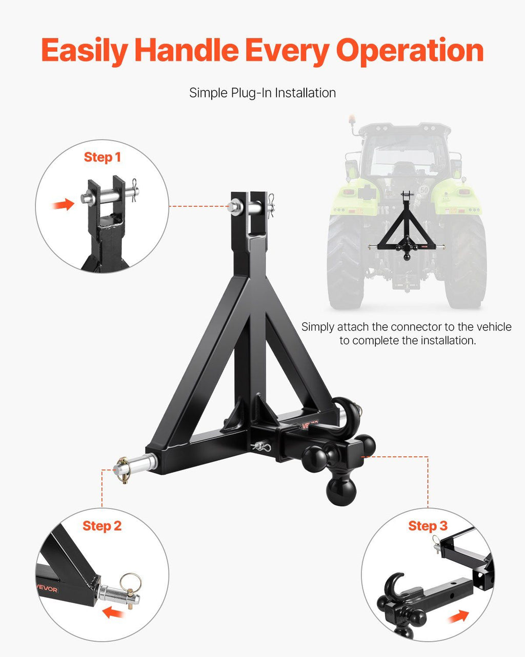 VEVOR 3 Point Trailer Hitch 2 in Receiver, 3pt Quick Hitch Attachment with 3 Trailer Balls, Tractor Tow Drawbar Adapter, Compatible with Kubota, Mahindra, Ford, Yanmar, John Deere, Massey Ferguson