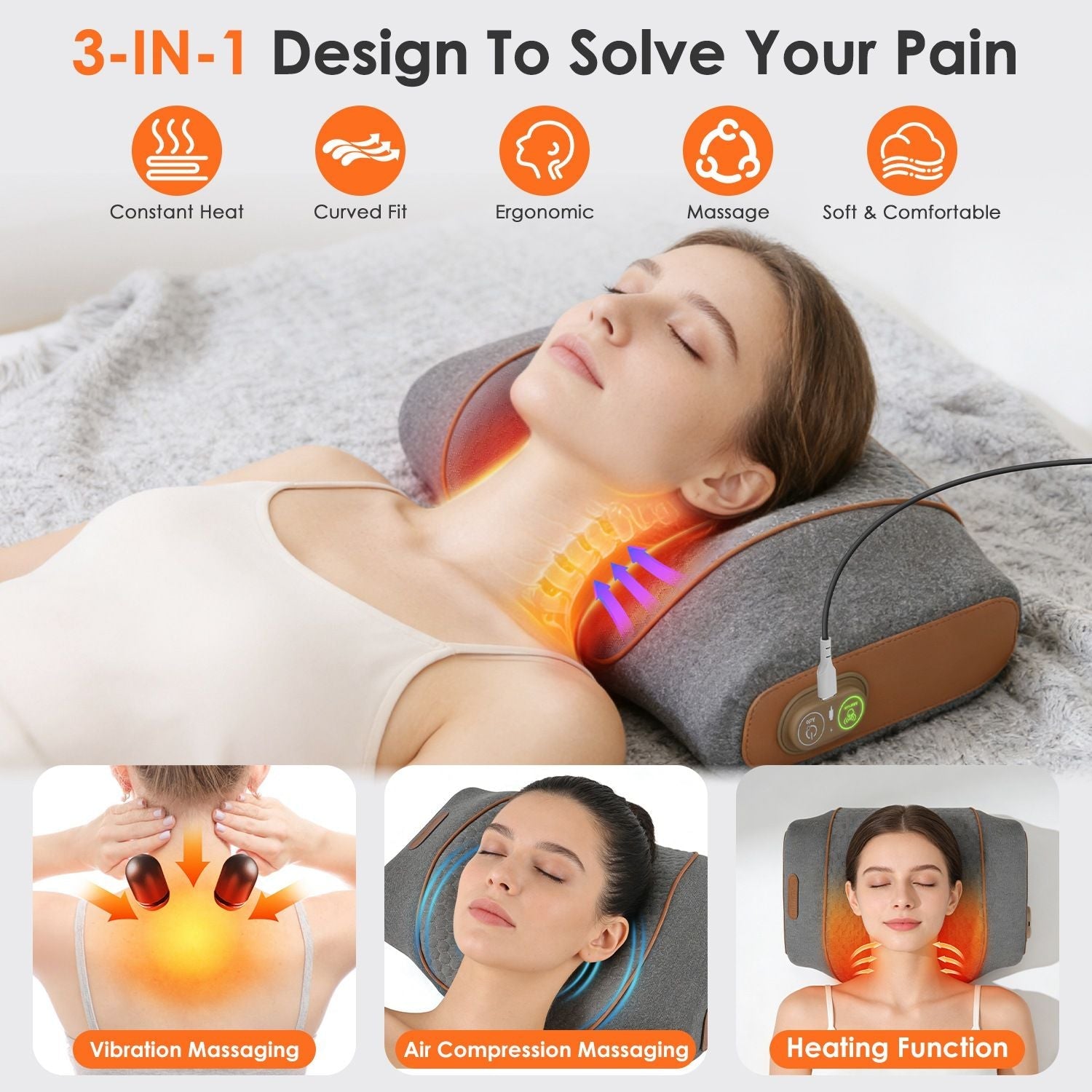 3-in-1 Neck Massager Pillow Ergonomic Massager with Heating Vibration Air Compression 30Min Timer for Neck Back Shoulder Pain Relief