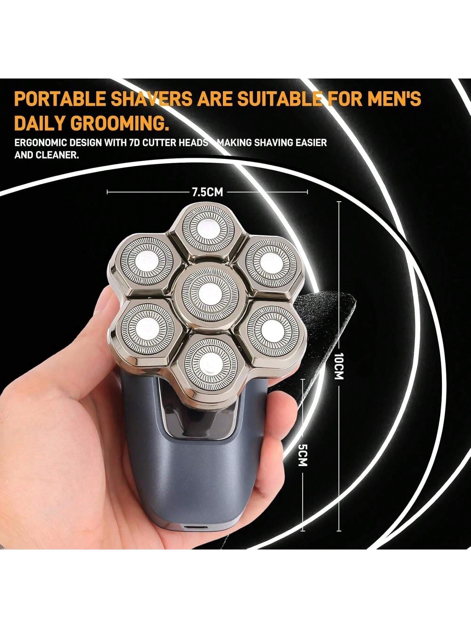 Head Shaver for Bald Men, 7D Electric Rotary Razor 5-in-1 Grooming Kit with Nose Hair Trimmer, Sideburn Clipper & Facial Brush, USB Rechargeable Wet & Dry IPX6 Waterproof Shaver with LED Display