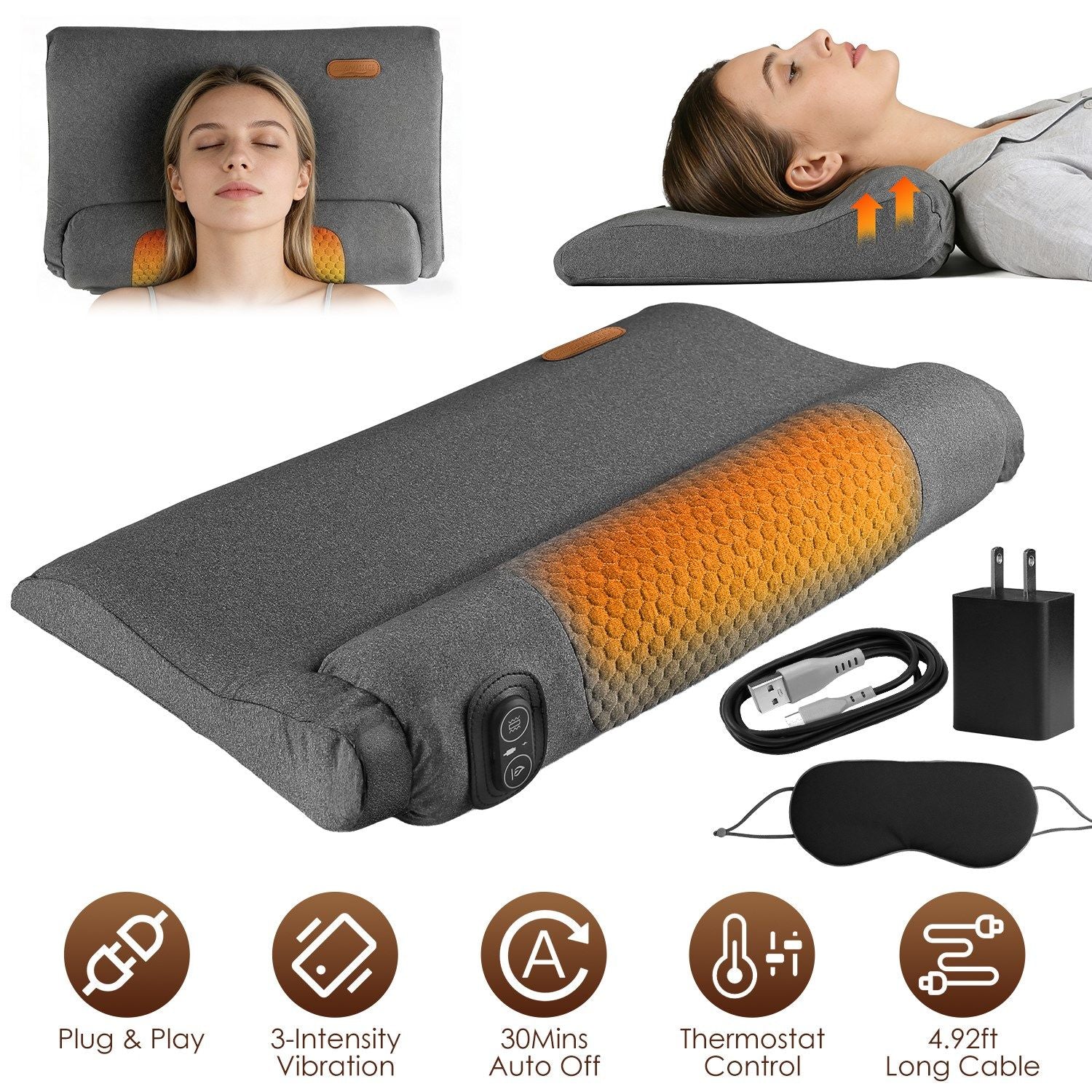 Neck Massager Pillow Ergonomic Massager Memory Foam Pillow with 3-Level Heating 3-Intensity Vibration 30Min Timer for Neck Back Shoulder Pain Relief