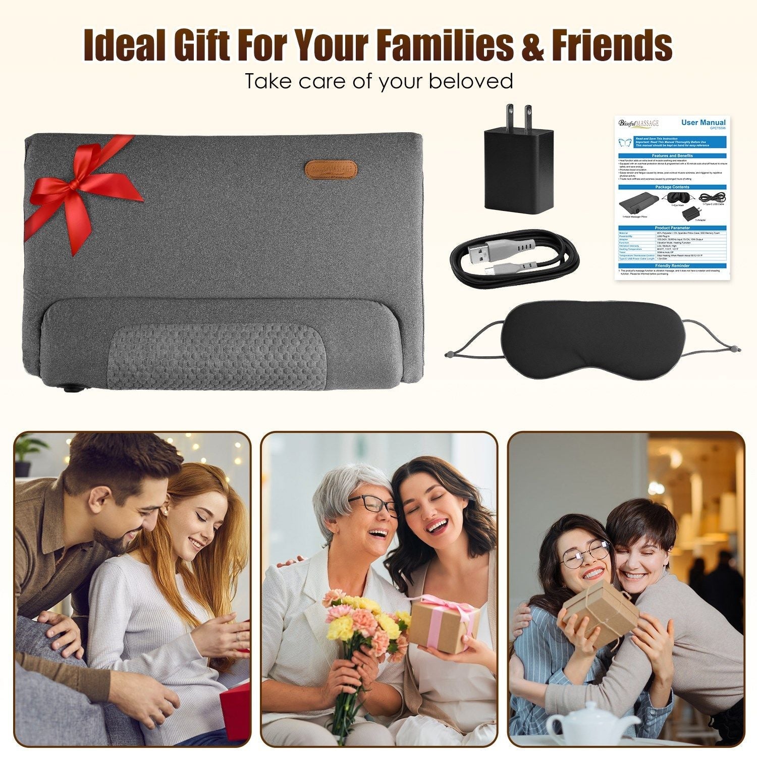 Neck Massager Pillow Ergonomic Massager Memory Foam Pillow with 3-Level Heating 3-Intensity Vibration 30Min Timer for Neck Back Shoulder Pain Relief