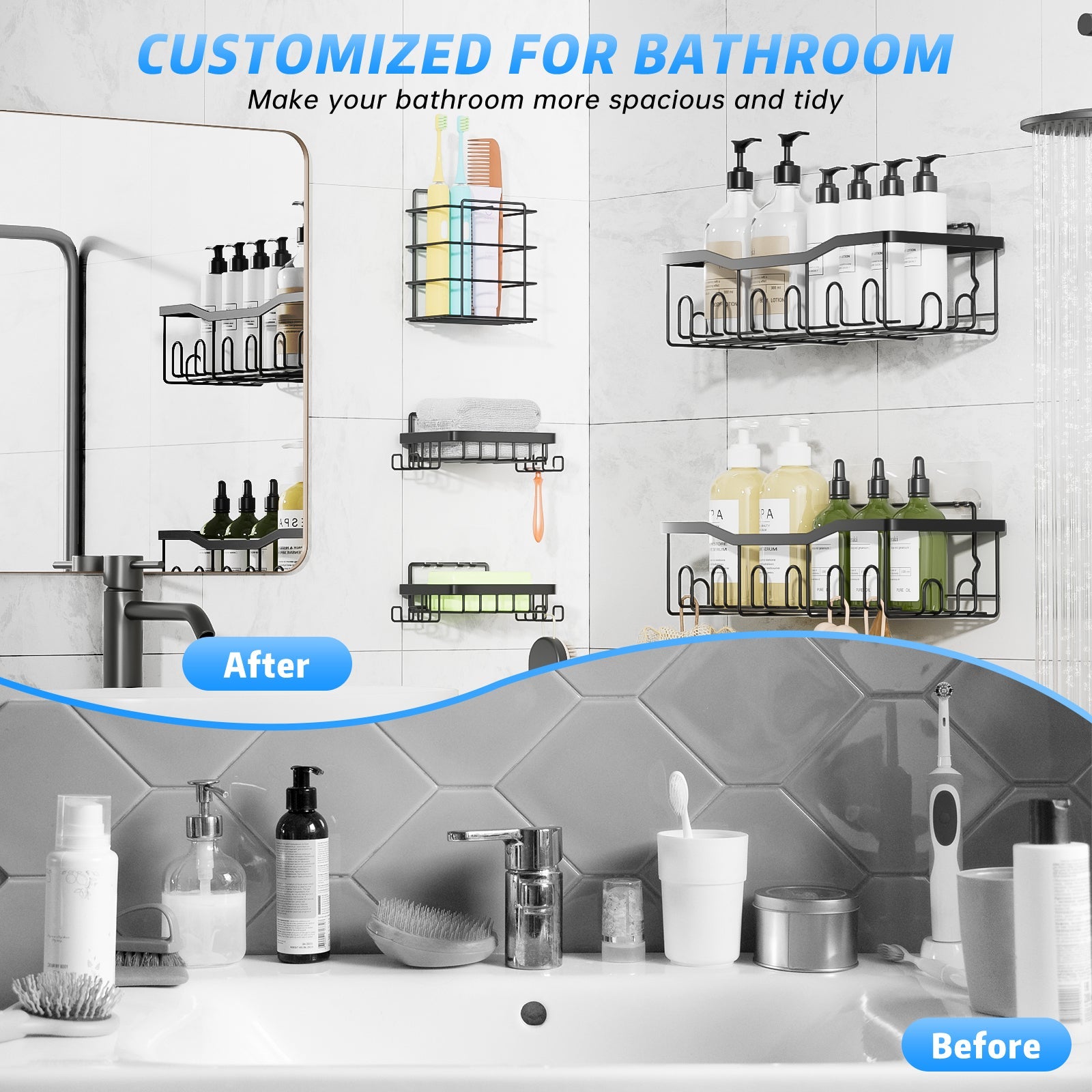 “Stainless Steel Shower Organizer – 5 Shelves, 28 Hooks, Soap & Toothbrush Holders”
