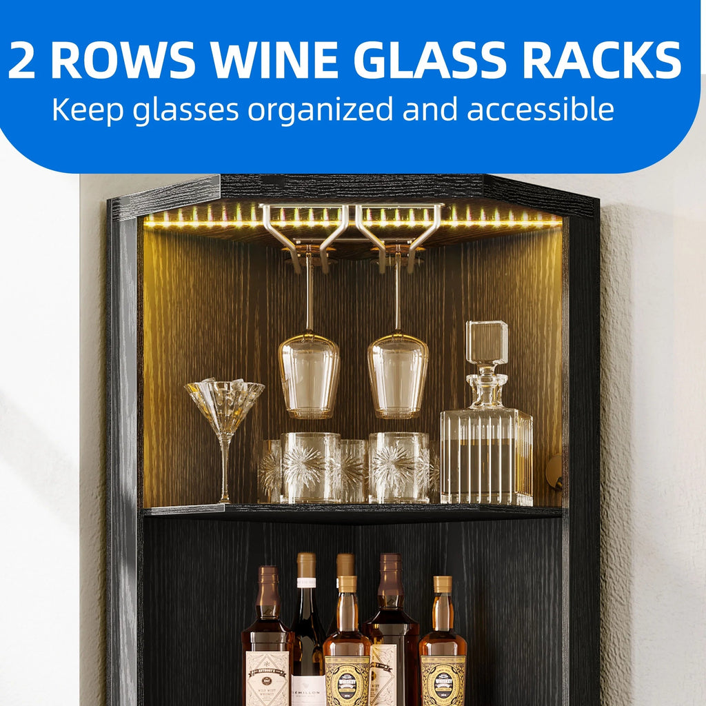 67" Corner Bar Cabinet with RGB LED Lights | Wine Glass Holder & Storage Shelves | Black