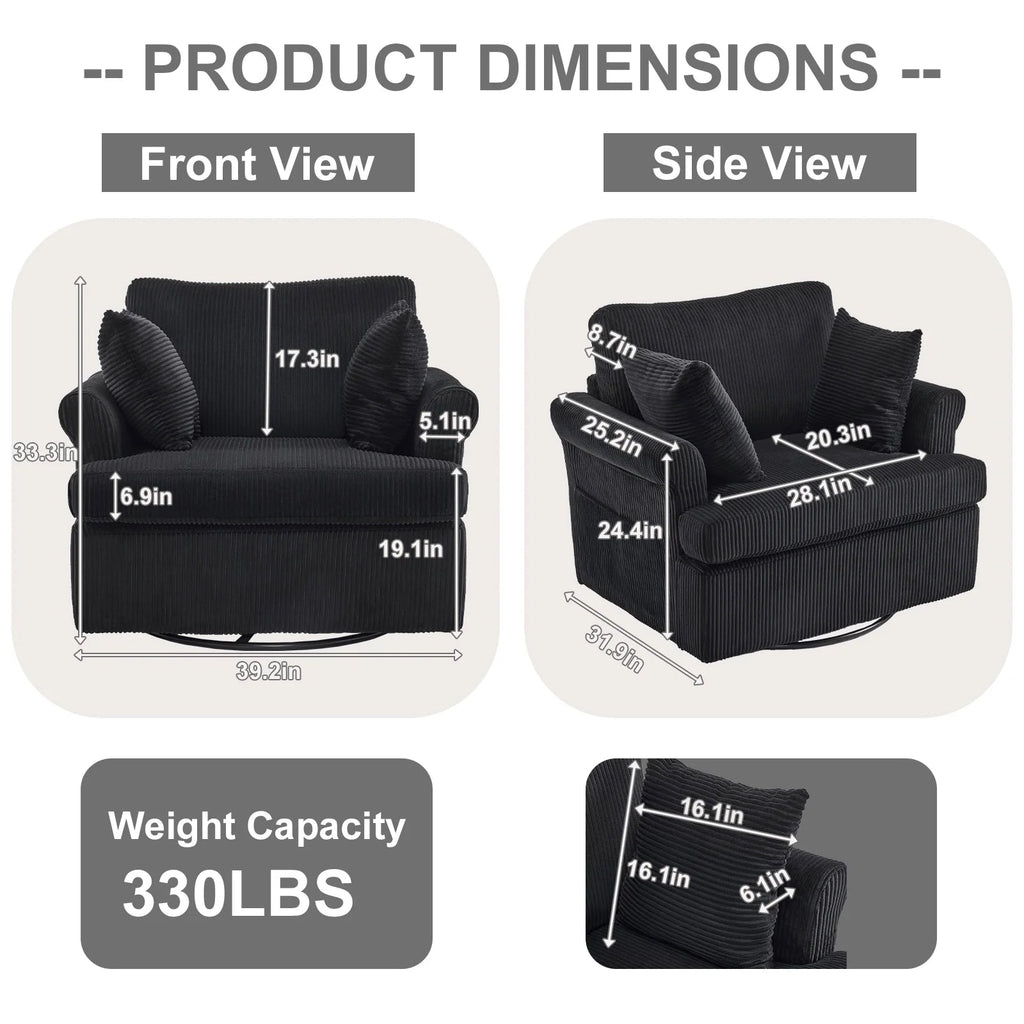 360° Swivel Accent Chair – Corduroy with Armrest Pockets, Black