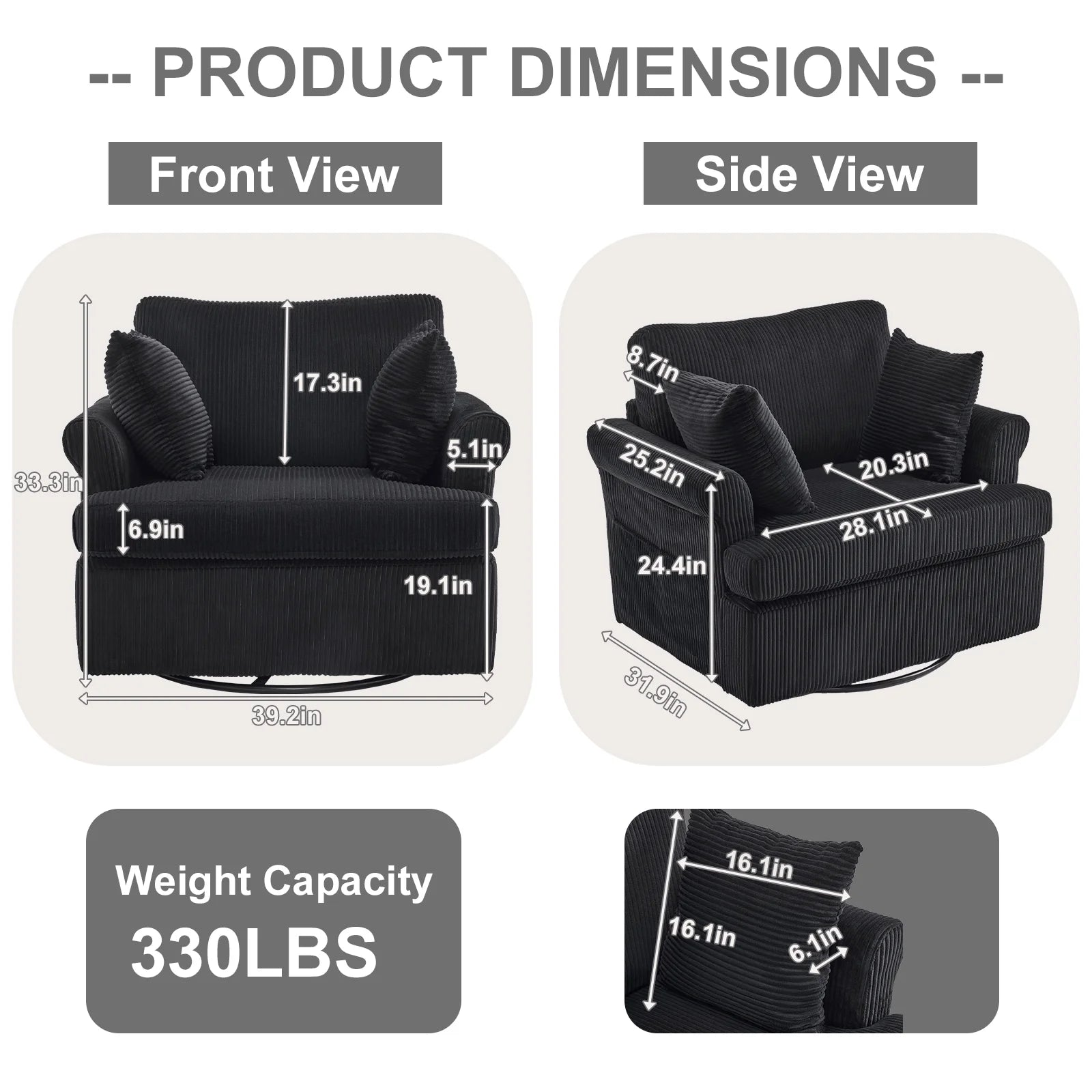 360° Swivel Accent Chair – Corduroy with Armrest Pockets, Black