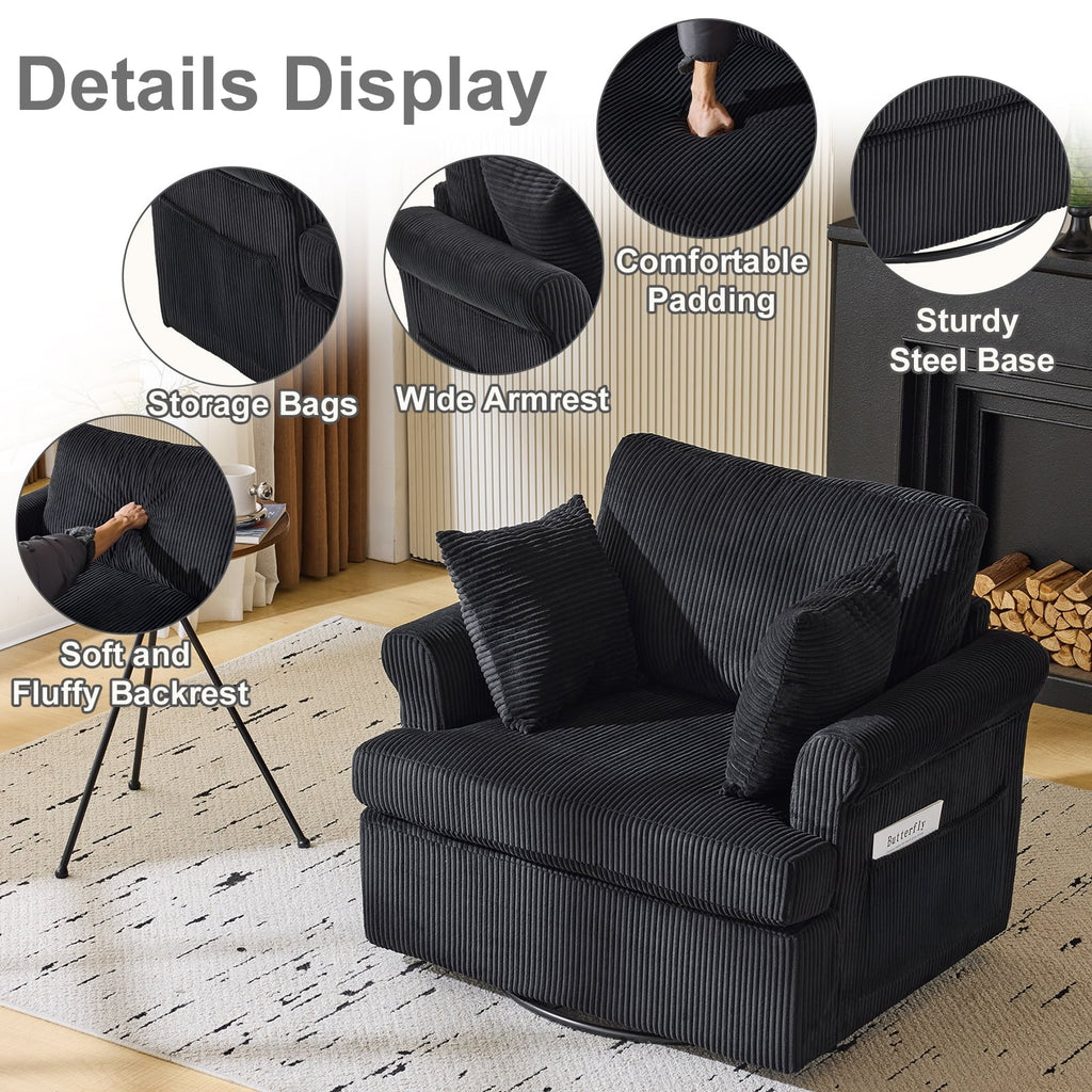 360° Swivel Accent Chair – Corduroy with Armrest Pockets, Black