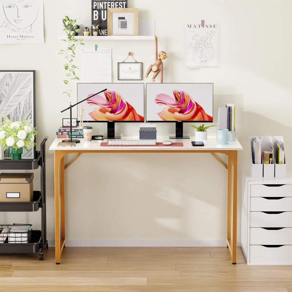 48" Computer Desk | Wood Top & Gold Metal Frame | Home Office & Gaming